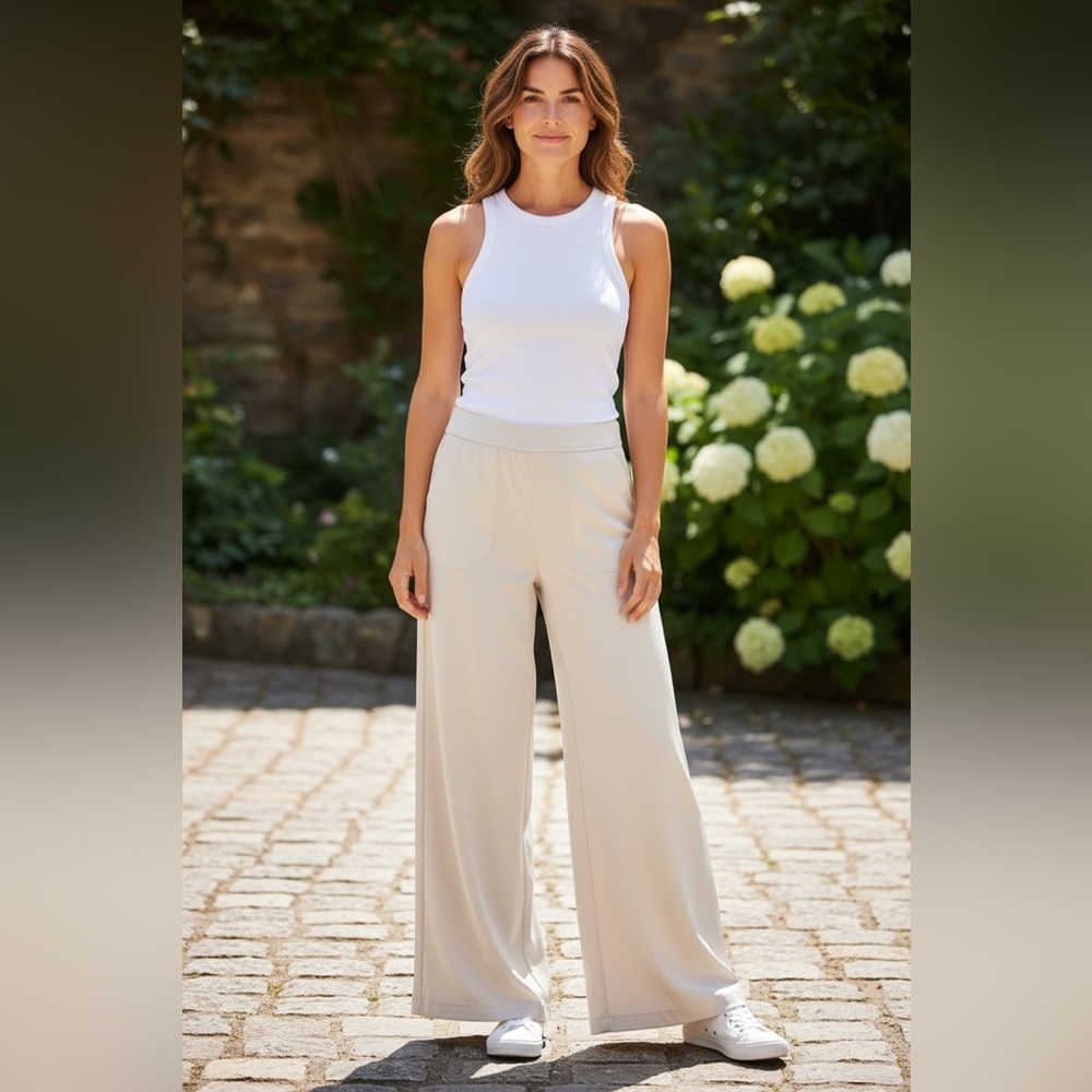 Beige Wide Leg Pants Elastic Waist Women’s Size Large